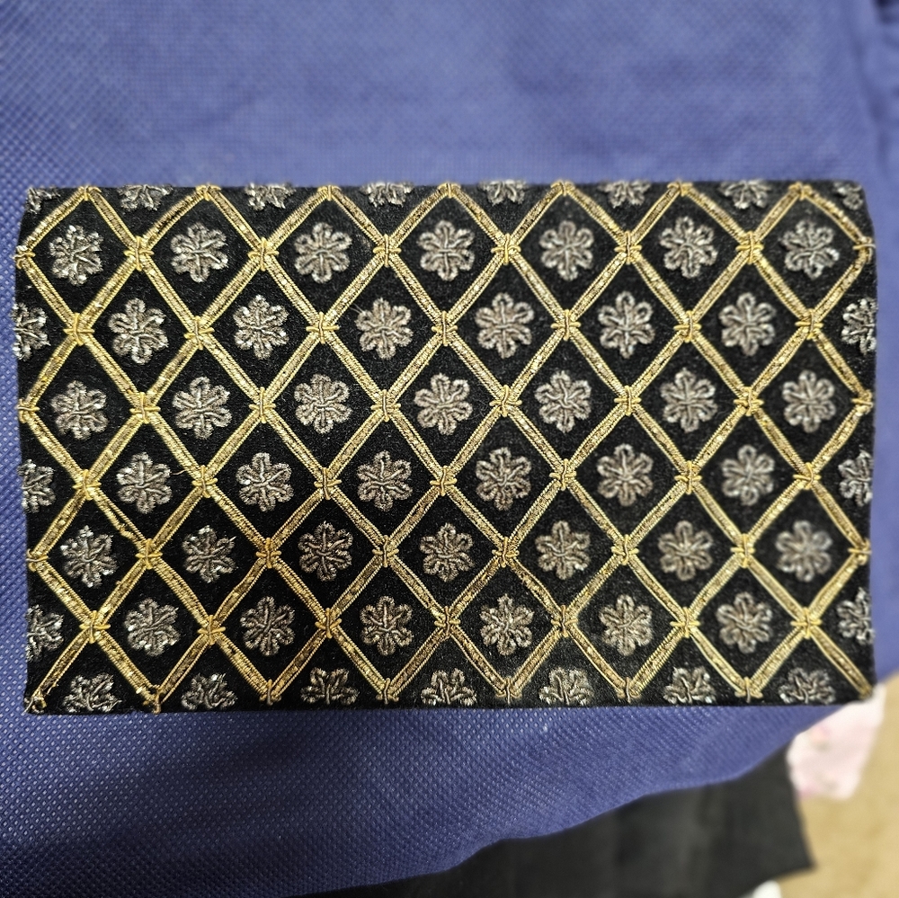INDIA EVENING BLACK VELVET PURSE GENUINE GOLD & SILVER THREAD JAGAT NARAIN & SON